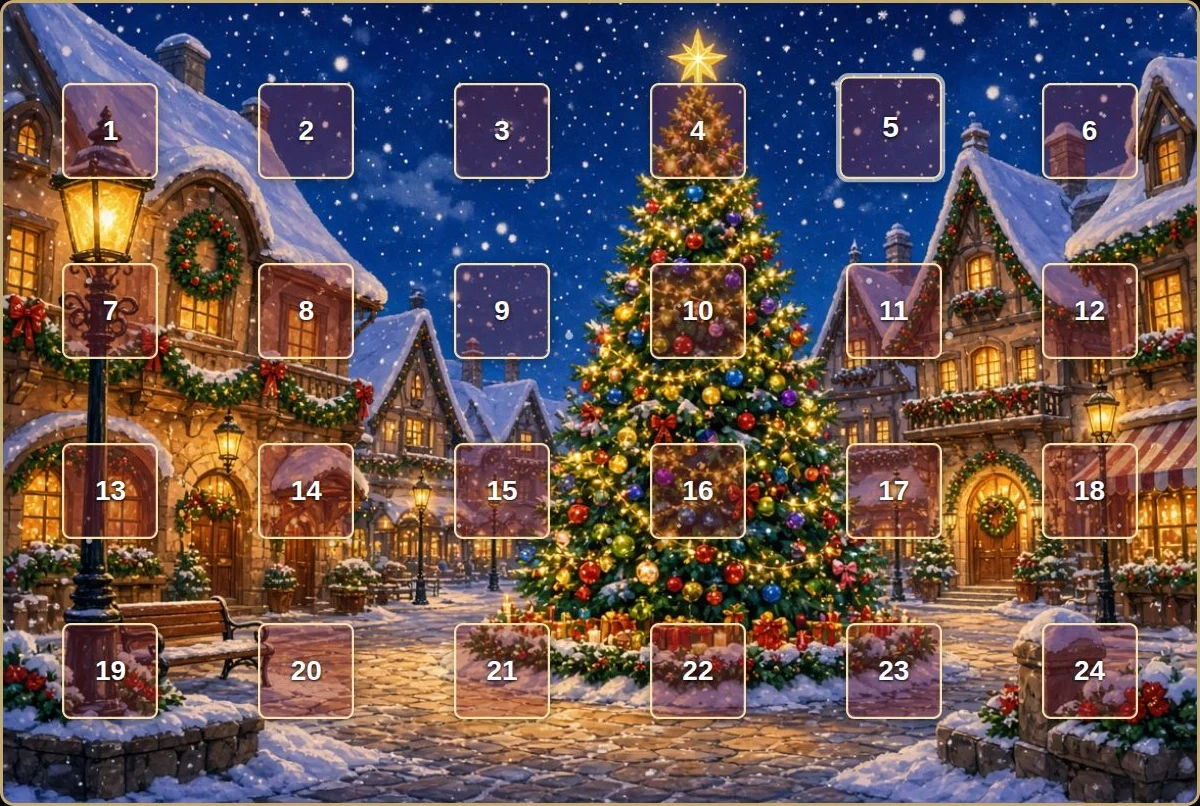 kalender-pro-overblik ViDesigner Christmas Calendar med 24 nummererede låger over en snedækket juleby og PRO-lågedesign.